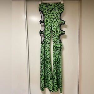 iHeartRaves Green Smiley Cut Out Flare Pants
